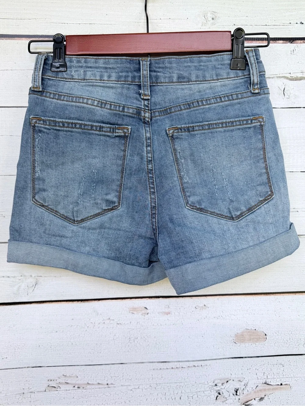 KanCan High Rise Distressed Cuffed Denim Shorts Medium Wash 24